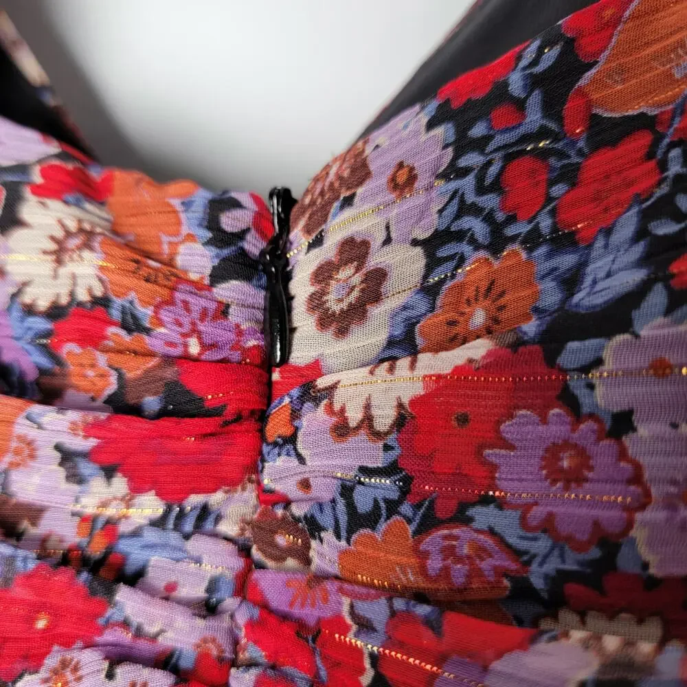 Zara Ruched Floral‎ Puff-Sleeve Mini Dress XS Red Purple Cocktail Party Romantic